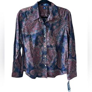 Chaps Women’s Petite L New w Tag Dark Tartan Plaid Paisley Button Down Shirt